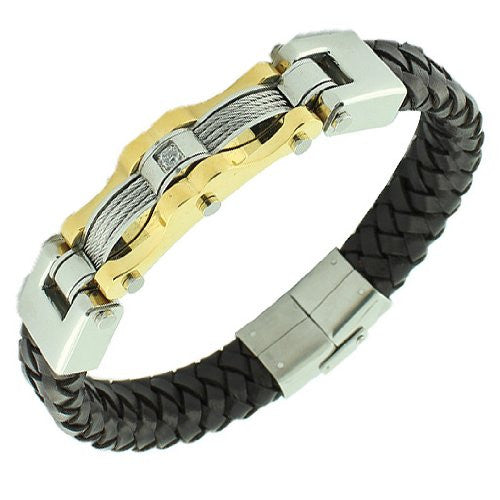 Stainless Steel Brown Leather White CZ Two-Tone Men's Bracelet