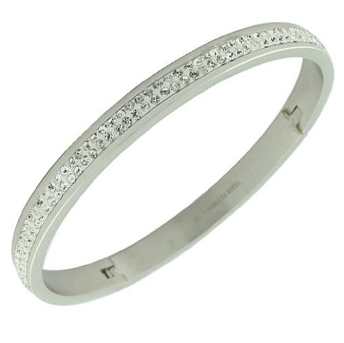 Stainless Steel Silver-Tone White CZ Bangle Bracelet