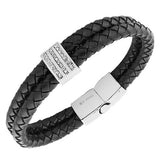 Stainless Steel Black Leather Silver-Tone White CZ Men's Bracelet