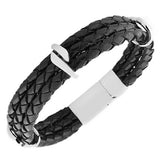 Stainless Steel Black Leather Silver-Tone Men's Bracelet