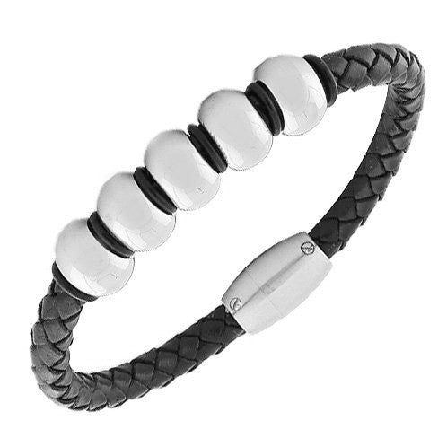 Stainless Steel Black Leather Silver-Tone Men's Bracelet