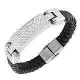 Stainless Steel Black Leather Silver-Tone White CZ Men's Bracelet
