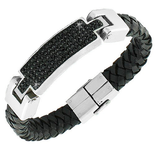 Stainless Steel Leather Silver-Tone Black CZ  Men's Bracelet