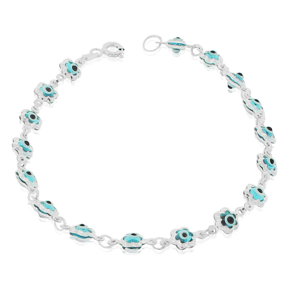925 Sterling Silver Blue Evil Eye Flower Protection Link Chain Bracelet