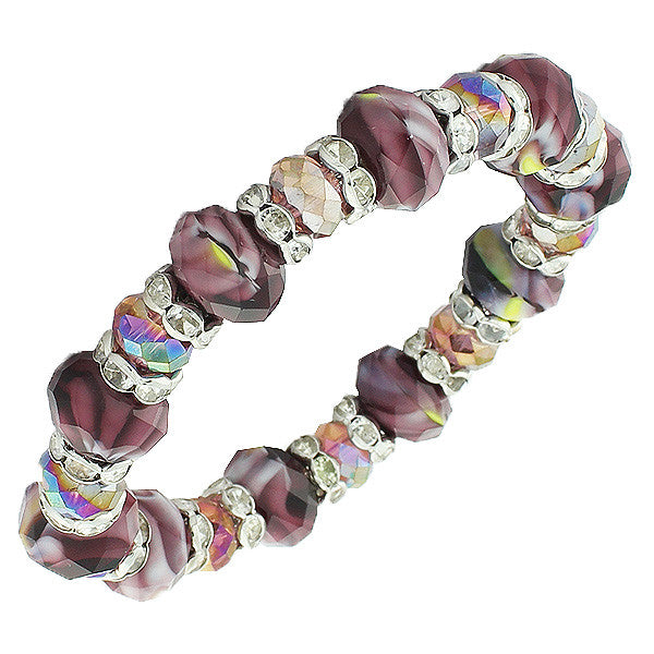 Multicolor Glass White CZ Beaded Stretch Bracelet