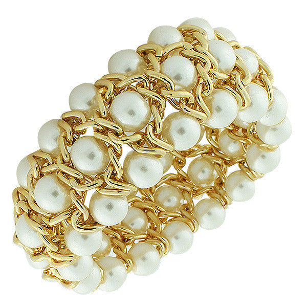 Fashion Alloy White Simulated Pearl Yellow Gold-Tone Chain Beaded Stretch Bracelet