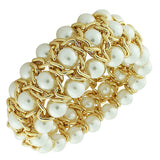 Fashion Alloy White Simulated Pearl Yellow Gold-Tone Chain Beaded Stretch Bracelet