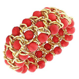 Fashion Alloy Red Beads Yellow Gold-Tone Chain Beaded Stretch Bracelet