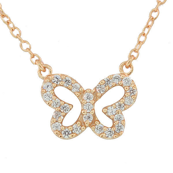 925 Sterling Silver Rose Gold-Tone Small Butterfly White CZ Pendant Necklace