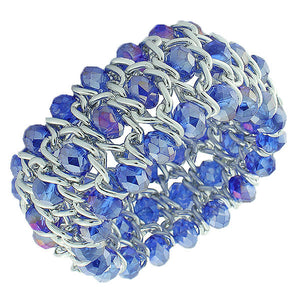 Fashion Alloy Blue Beads Silver-Tone Chain Beaded Stretch Bracelet