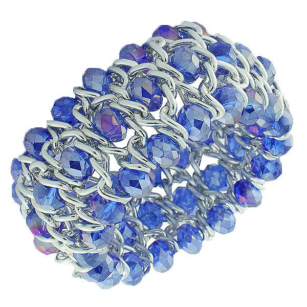 Fashion Alloy Blue Beads Silver-Tone Chain Beaded Stretch Bracelet