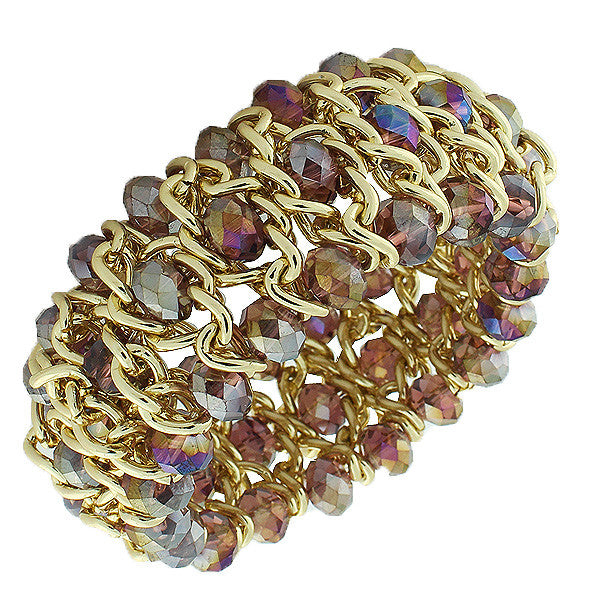 Fashion Alloy Brown Multicolor Beads Yellow Gold-Tone Chain Beaded Stretch Bracelet