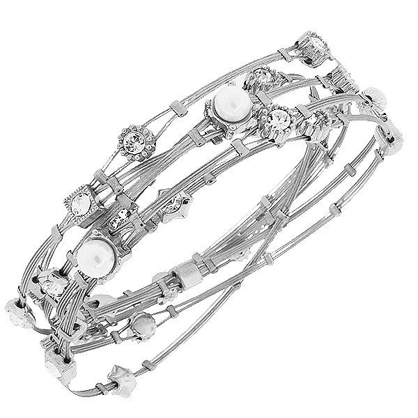 Fashion White CZ Silver-Tone Cord Simulated Pearls Whisper Bracelets Set