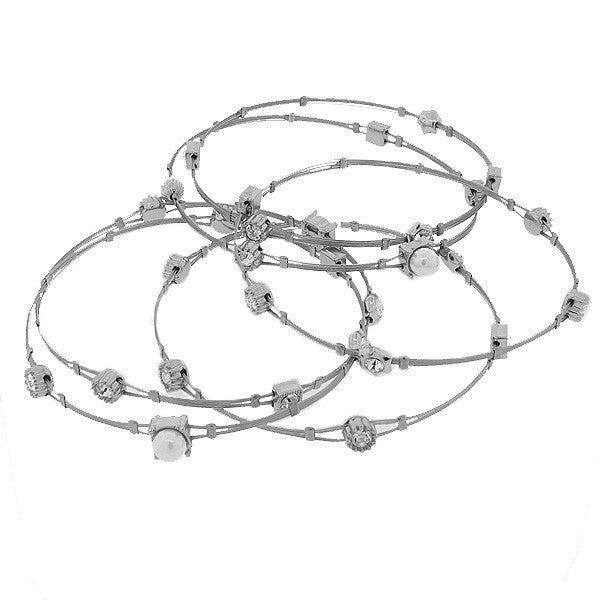 Fashion White CZ Silver-Tone Cord Simulated Pearls Whisper Bracelets Set