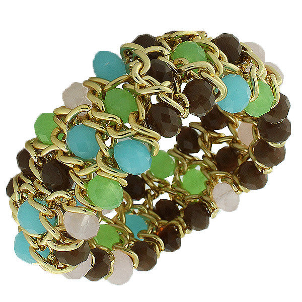 Fashion Alloy Multicolor Beads Silver-Tone Chain Beaded Stretch Bracelet