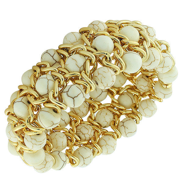 Fashion Alloy White Beads Yellow Gold-Tone Chain Beaded Stretch Bracelet