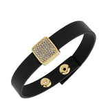 Fashion Alloy Black Leather Yellow Gold-Tone White CZ Wristband Adjustable Bracelet