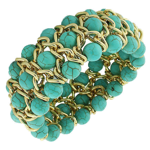 Fashion Alloy Blue Beads  Yellow Gold-Tone Chain Beaded Stretch Bracelet
