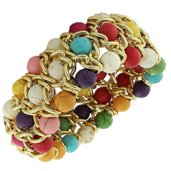 Fashion Alloy Multicolor Beads Silver-Tone Chain Beaded Stretch Bracelet