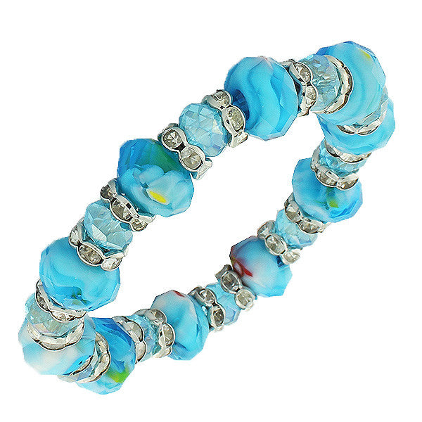 White Blue Glass White CZ Beaded Stretch Bracelet