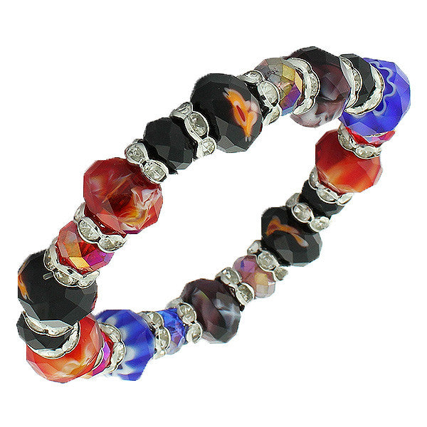 Multicolor Glass White CZ Beaded Stretch Bracelet