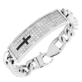 Stainless Steel Silver-Tone Link Chain Religious Black Cross White CZ Men's Bracelet