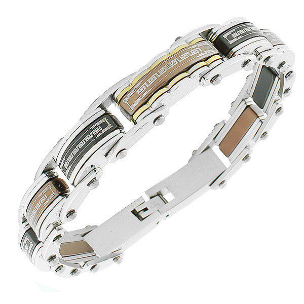 Stainless Steel Multi-Tone Link Chain Greek Key Men's Bracelet