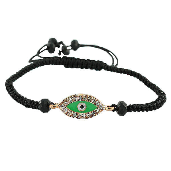 Fashion Alloy Green White CZ Silver-Tone Evil Eye Macrame Adjustable Bracelet