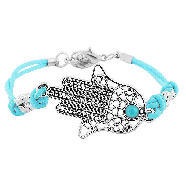 Fashion Alloy Silver-Tone Blue Cord Evil Eye Hamsa Bracelet