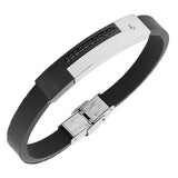 Stainless Steel Black Rubber Silicone Silver-Tone CZ Men's Bracelet