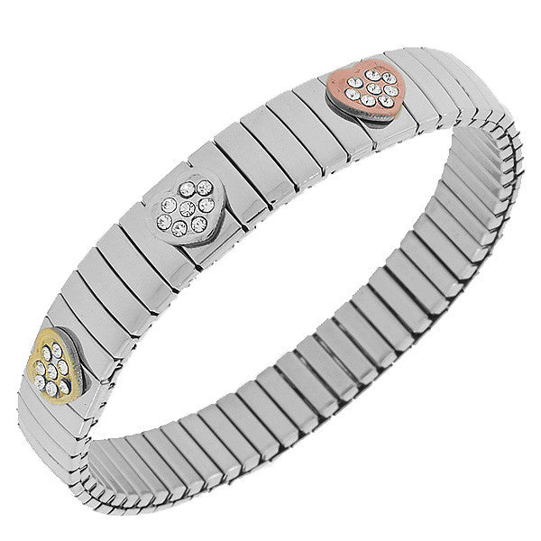 Stainless Steel  White CZ Love Heart Silver-Tone Stretch Bracelet