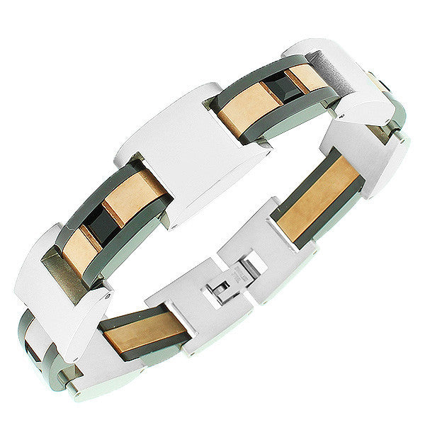 Stainless Steel Silver-Tone Rose Gold-Tone Black CZ Link Chain Bracelet