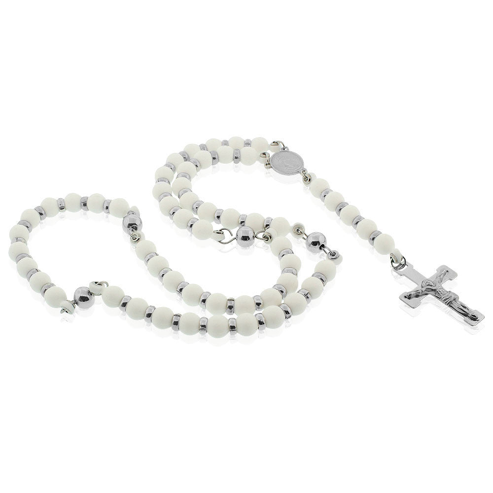 EDFORCE Stainless Steel White Rubber Silicone Silver-Tone Beads Religious Cross Rosary Necklace, 32"