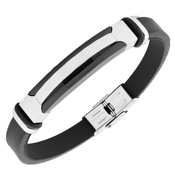 Stainless Steel Rubber Silicone Black Silver-Tone Men's Bracelet