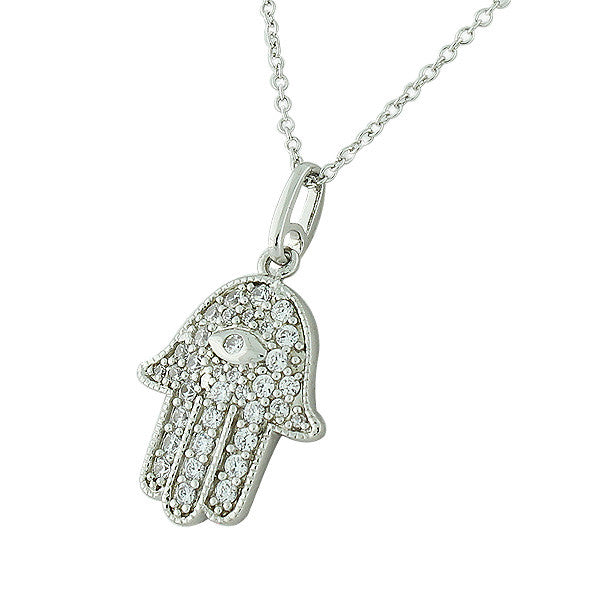 Hamsa Hand Necklace Pendant Sterling Silver Cubic Zirconia