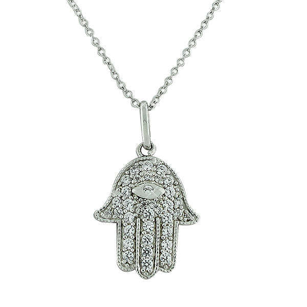 Hamsa Hand Necklace Pendant Sterling Silver Cubic Zirconia