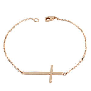 925 Sterling Silver Rose Gold-Tone Sideways Religious Cross Link Chain Bracelet