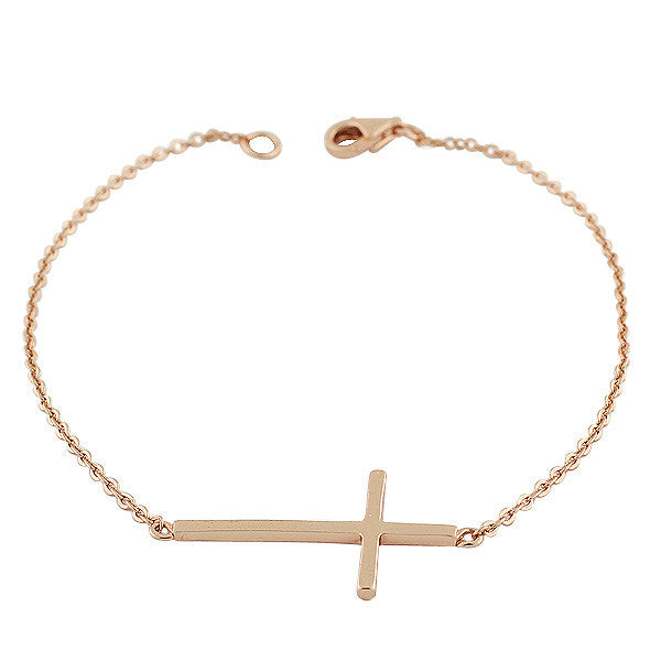 925 Sterling Silver Rose Gold-Tone Sideways Religious Cross Link Chain Bracelet