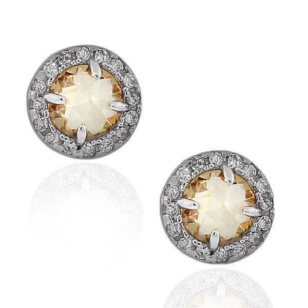 925 Sterling Silver Brown Cognac White Round CZ Stud Girls Earrings