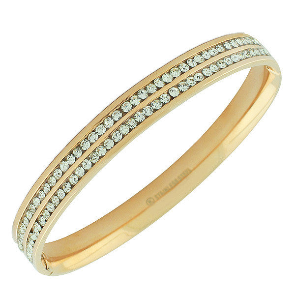 Stainless Steel Yellow Gold-Tone White CZ Bangle Bracelet
