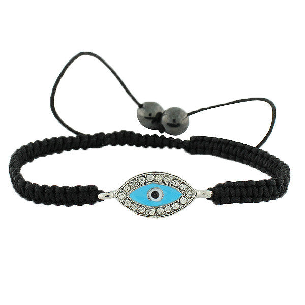 Fashion Alloy Blue White CZ Silver-Tone Evil Eye Macrame Adjustable Bracelet