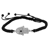 925 Sterling Silver Black Cord White Hamsa Evil Eye Adjustable Bracelet