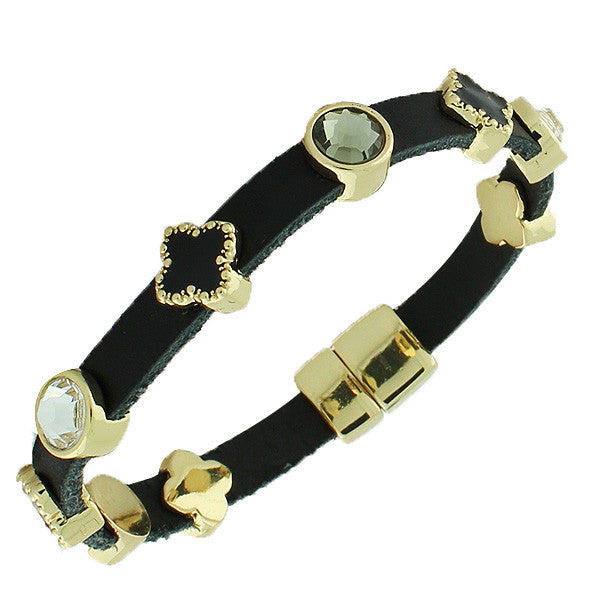 Fashion Alloy Black Leather Yellow Gold-Tone CZ Wristband Wrap Bracelet