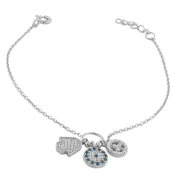 925 Sterling Silver Hamsa Evil Eye Peace Link Chain Bracelet