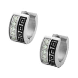 Stainless Steel Silver-Tone White CZ Greek Key Hoop Huggie Earrings