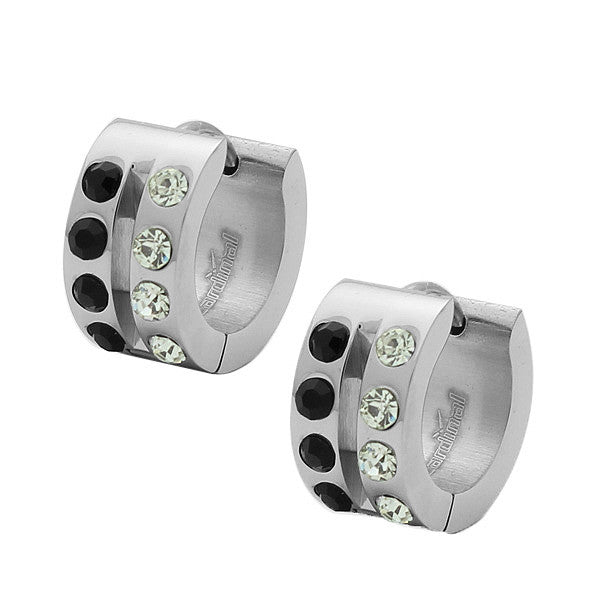 Stainless Steel Silver-Tone White Black CZ Hoop Huggie Earrings