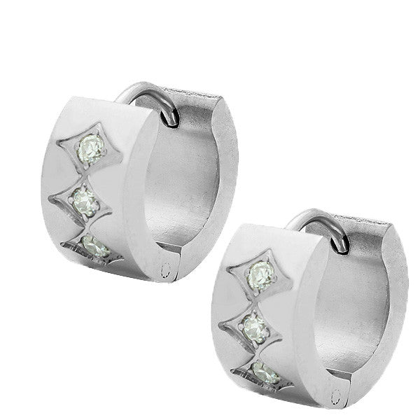 Stainless Steel Silver-Tone White CZ Hoop Huggie Earrings