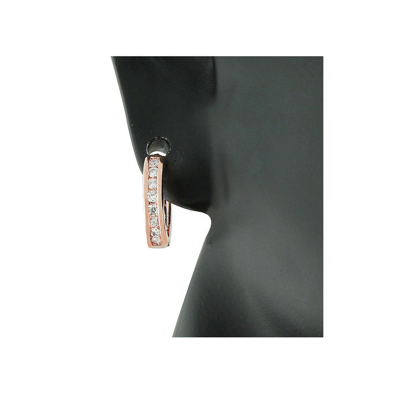 925 Sterling Silver Rose Gold-Tone White CZ Huggie Earrings