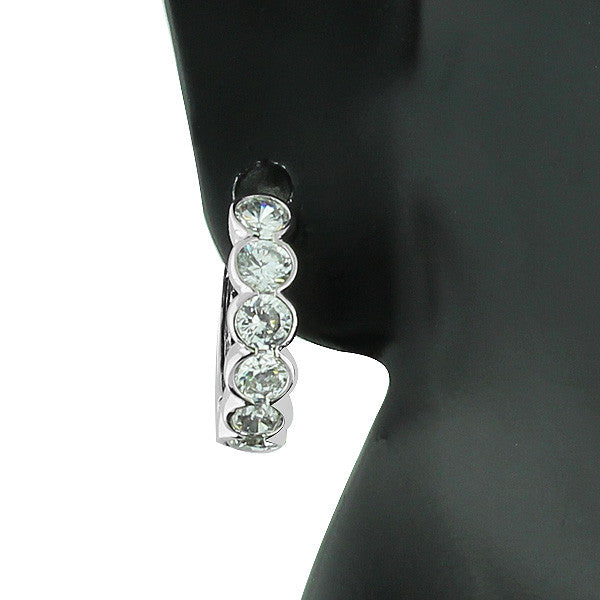 925 Sterling Silver White CZ Hoop Huggie Earrings