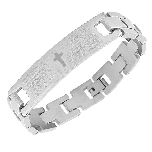 Stainless Steel Silver-Tone Religious Cross Lord's Prayer Men's Chain Bracelet